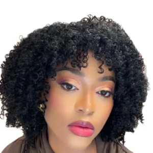 Women's Black Crowned Luxury Afro Kinky Curly Synthetic Hair Wig with Bangs - High-Quality Heat-Resistant Fiber Non-Lace Full Machine Wig for Bold Look Everyday Wear