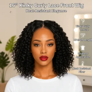 Chosen | 16 Inch Kinky Curly Synthetic T Part Lace Front Wig, Color 1B, Glueless Heat Resistant Wig